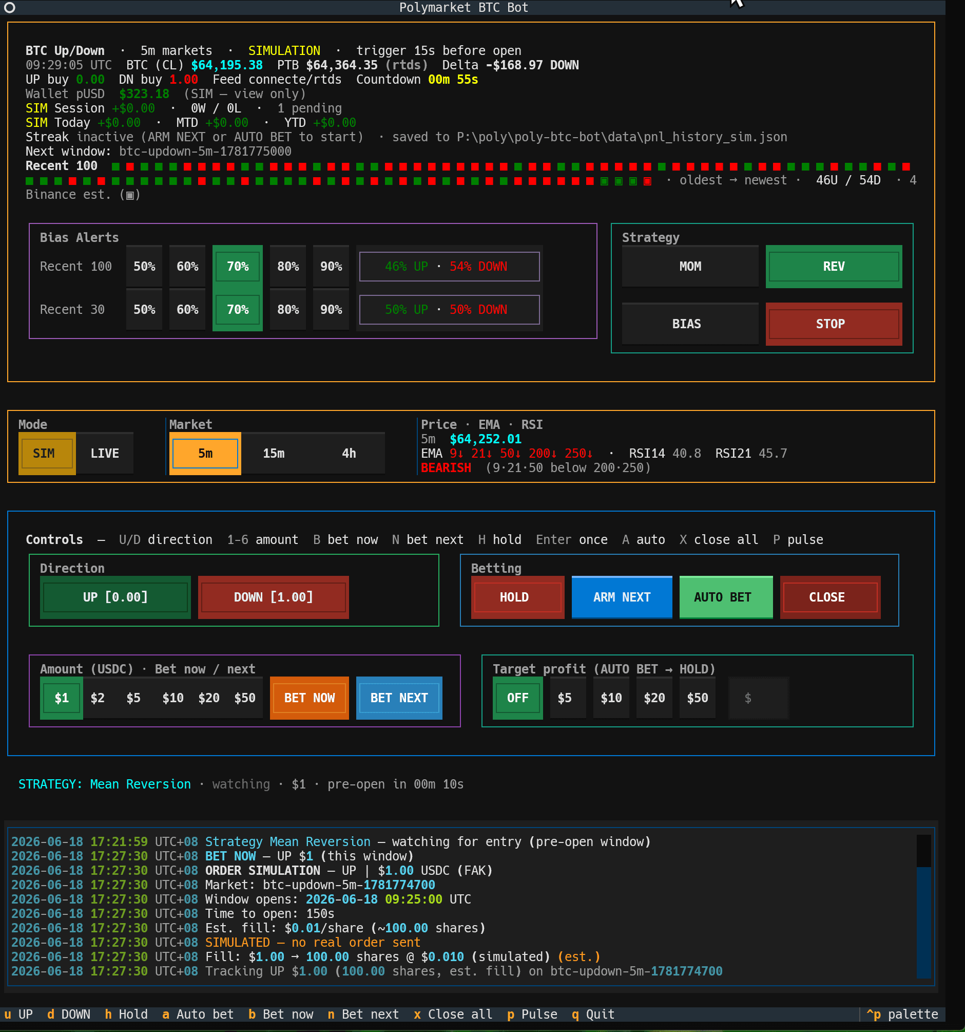 Polymarket BTC Trading Bot terminal dashboard
